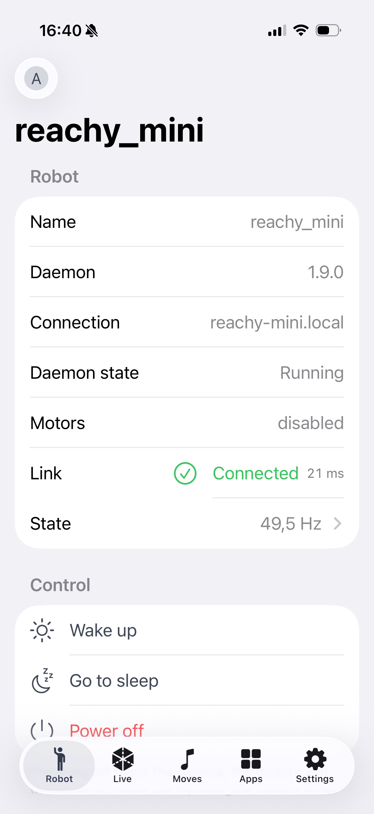 Robot tab: connected over the LAN, wake, sleep and power off