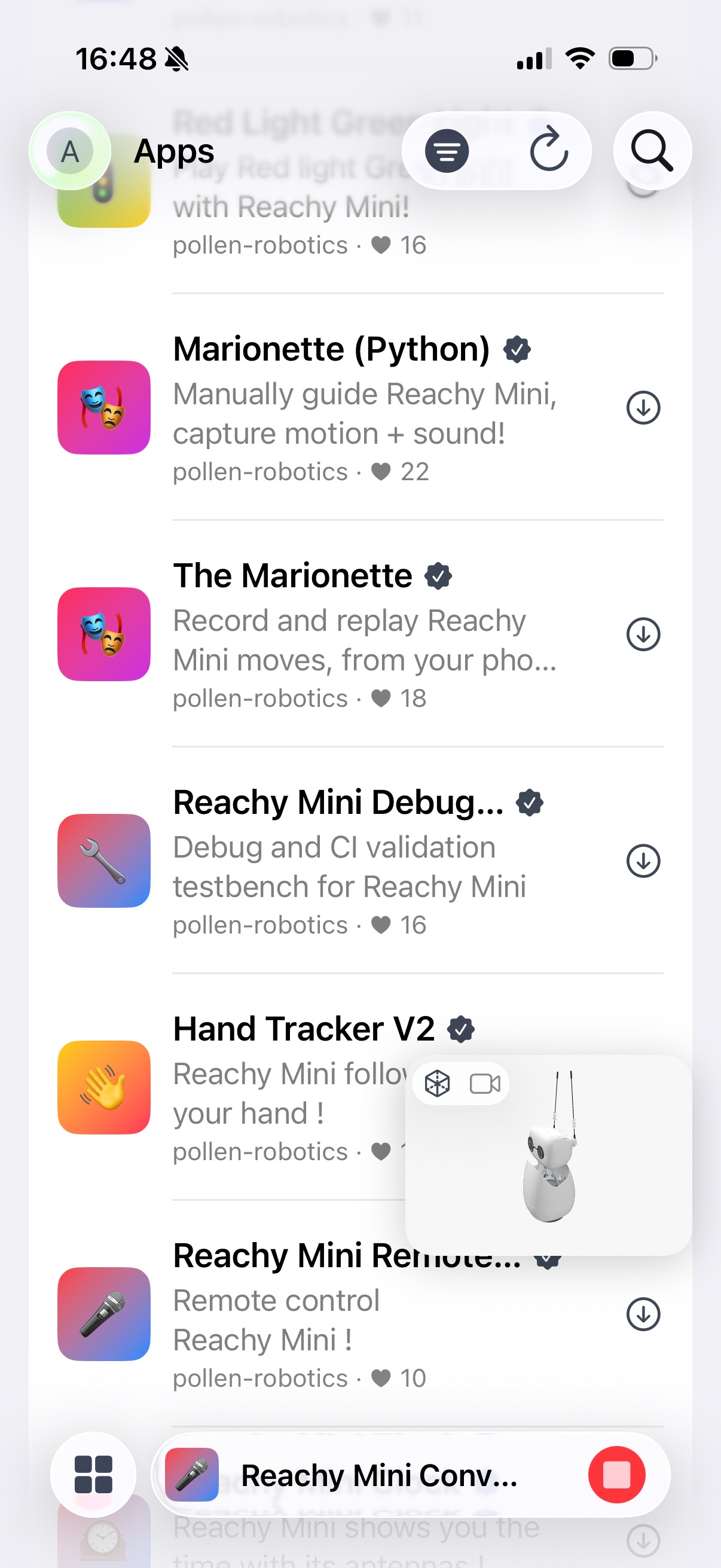 App store: discovering robot apps while the conversation app runs in the dock